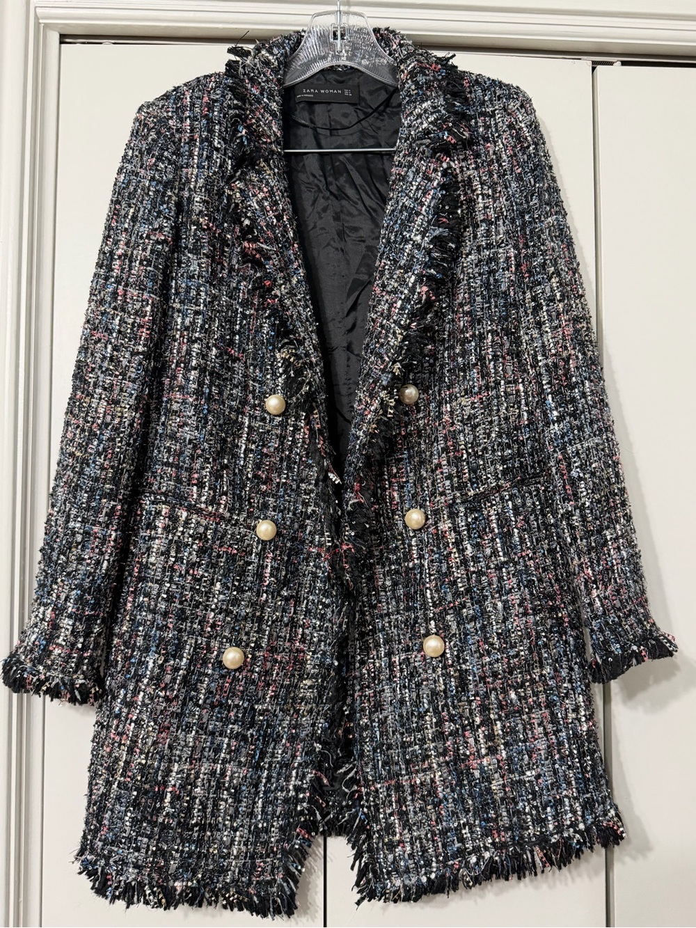 Zara Black Multicolor Tweed and Bouclé Long Blazer Coat